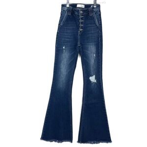 Kancan Women's Flared Distressed Blue Jeans O30